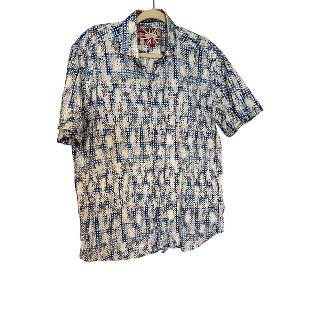 London 7 Downie St. Couture blue plaid button‎ down colorful short sleeve